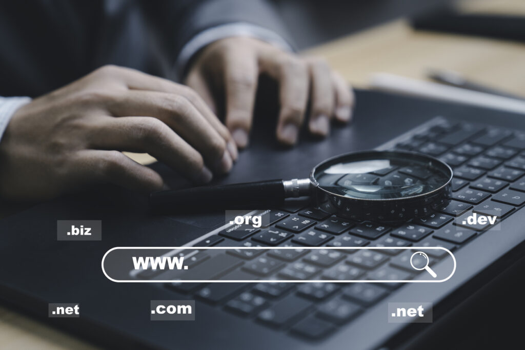 A close-up of hands typing on a laptop keyboard, showcasing various domain extensions such as .com, .net, and .org. The magnifying glass indicates searching for information online.